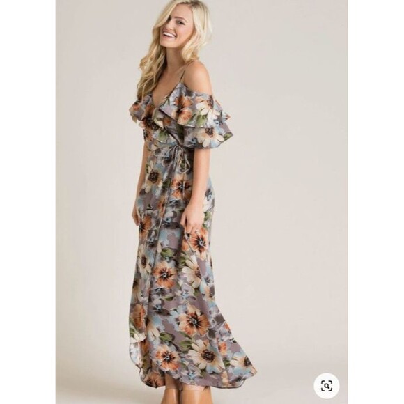 emory park Floral Maxi Wrap Dress Lavender Flowy Flutter Sleeve USA Made Sz Med - Picture 1 of 14